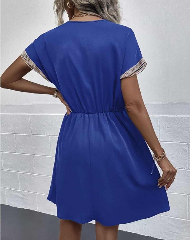V NECK Summer DRESS WOMEN Short Sleeve Casual Solid Color Ruffle Midi Dresses