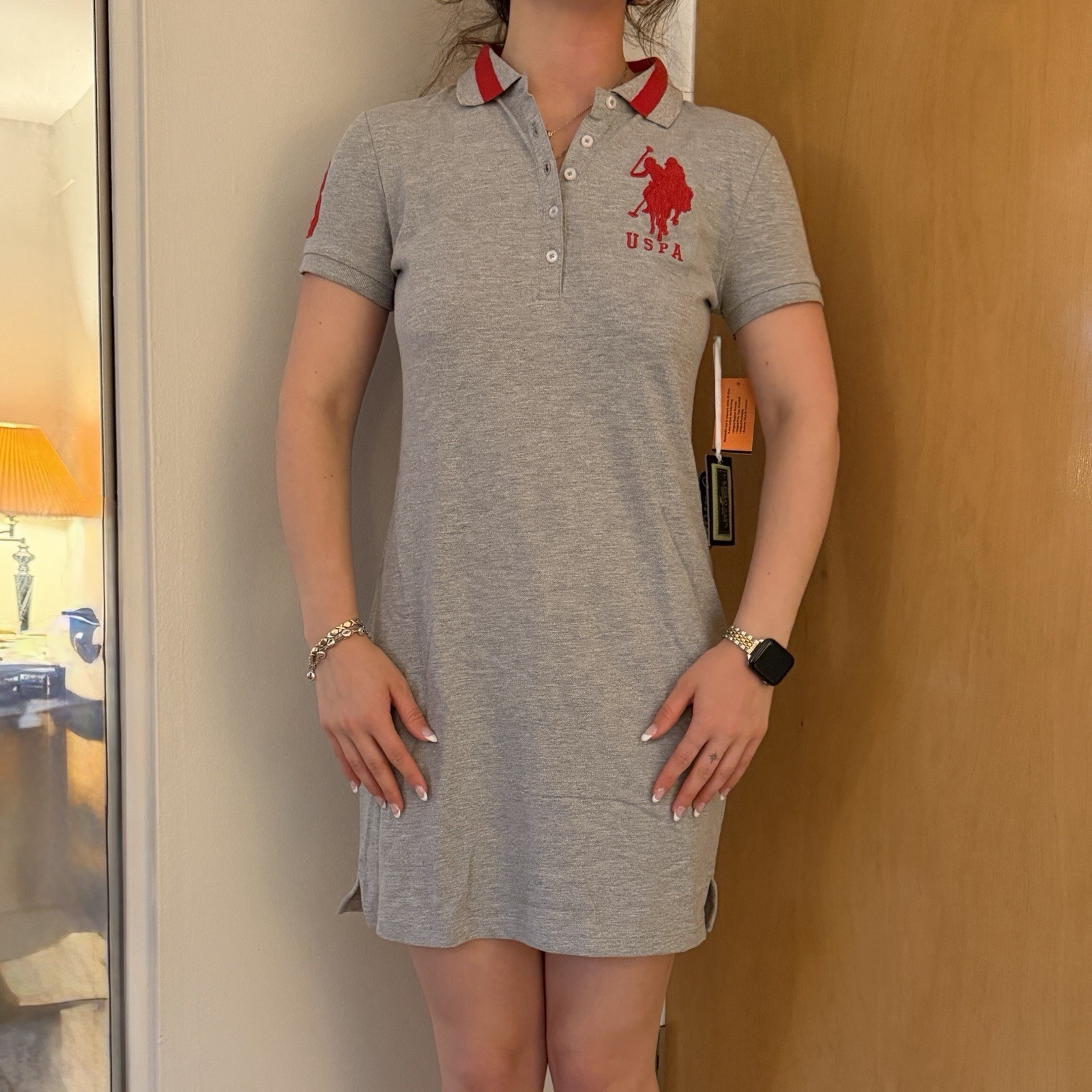 U.S. Polo Assn. Women’s Gray Shirt Dress S Cotton Knit Red Logo 3 Patch