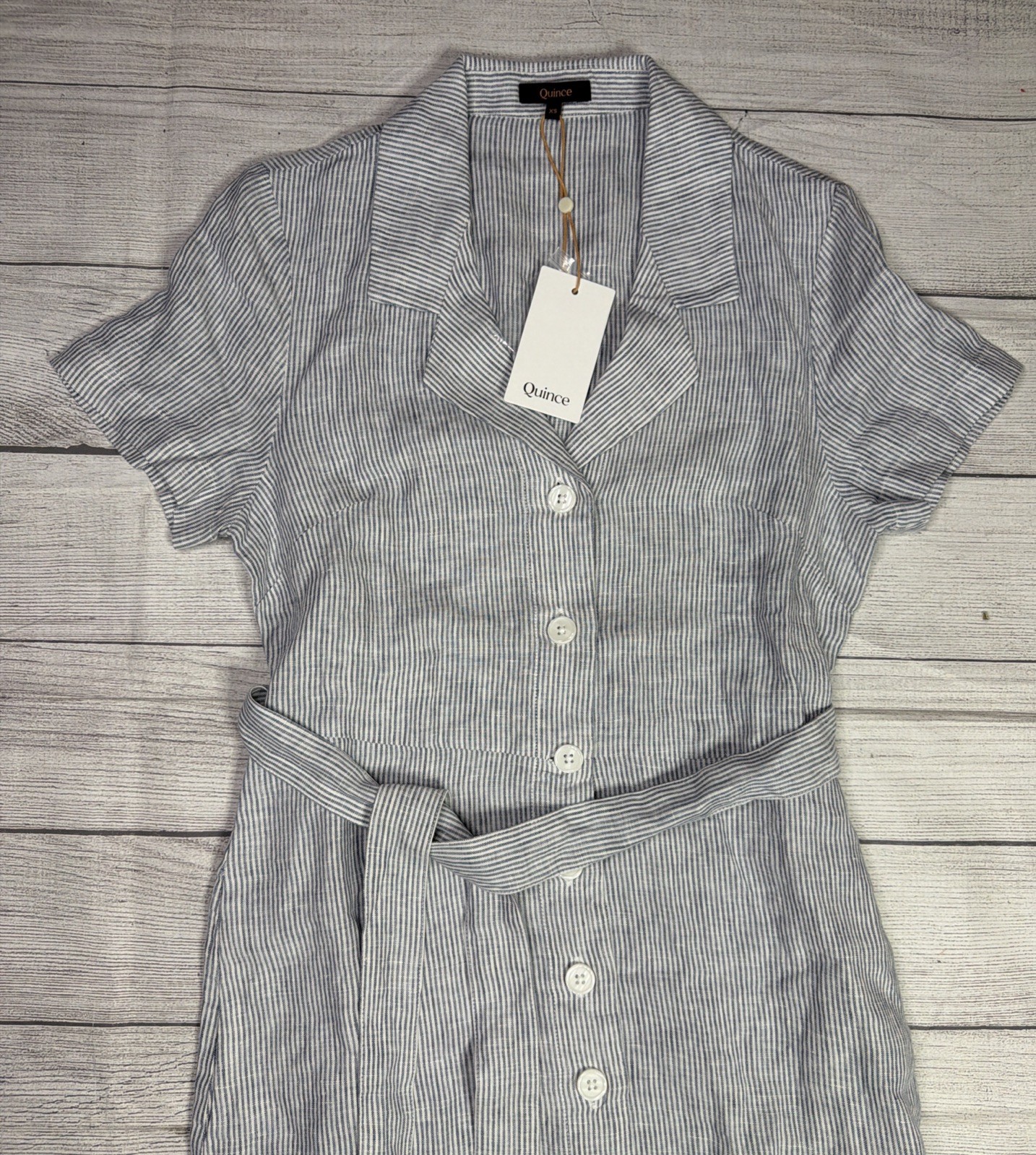 Quince 100% European Linen Button Front Dress Women’s XS Blue Pinstripe Pockets