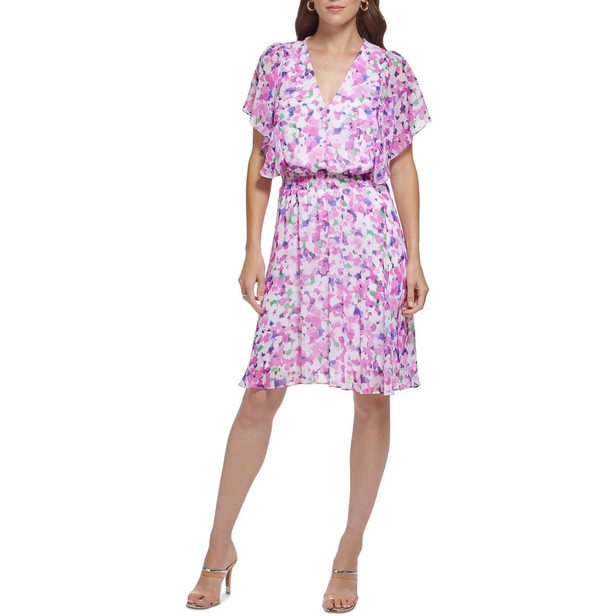 DKNY Floral Print V Neck Flutter Sleeve Cinched Waist Mini Dress – Size 8, NWOT