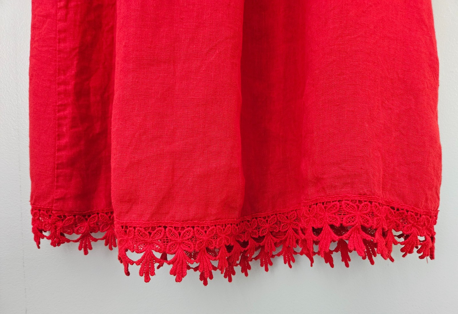 LUNGO L’ARNO Red Linen Dress Lrg Short Tie Sleeves Lace Trim Off Shoulder Italy