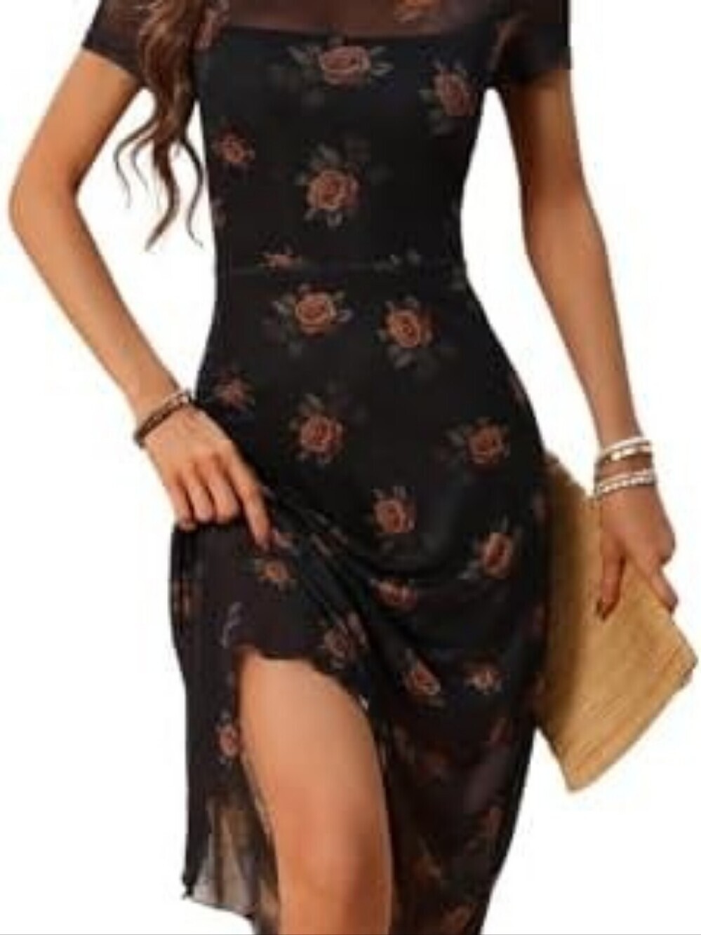 New Goth Dark Womens Sheer Mesh Floral Asymmetric Whimsigoth Midi Dress XL