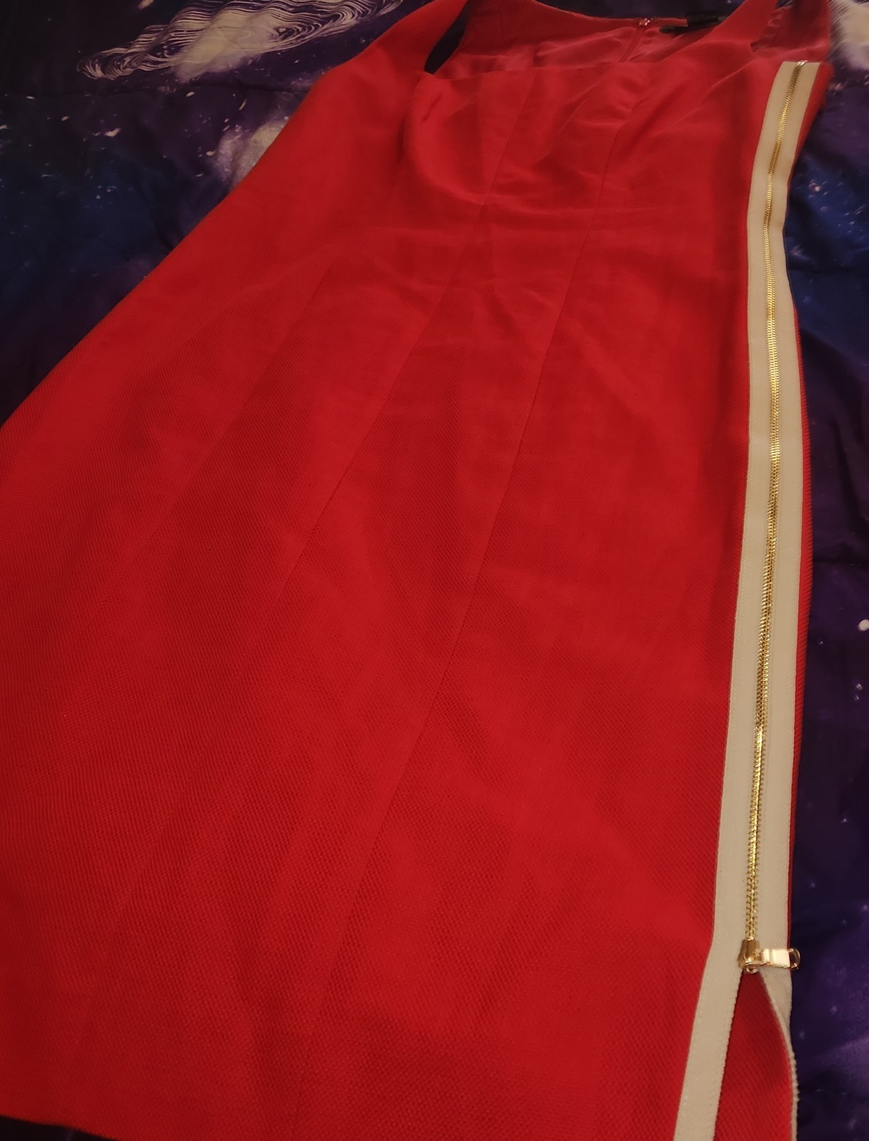 ETCETERA Red Cotton Linen Blend Sheath Dress Gold Side Zipper Detail Size 6 Mod