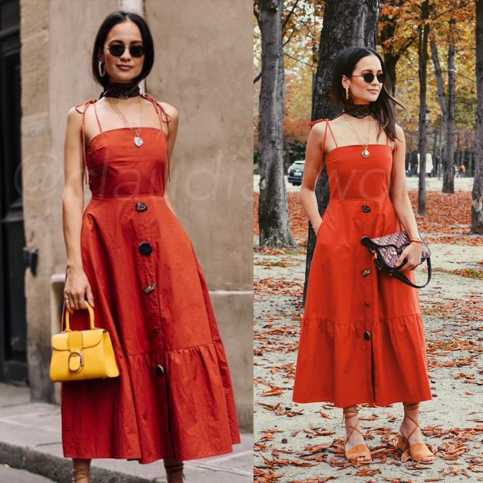 $670 REJINA PYO Maria Rust Red Poplin Tie Strap Button Midi Dress UK10 US6