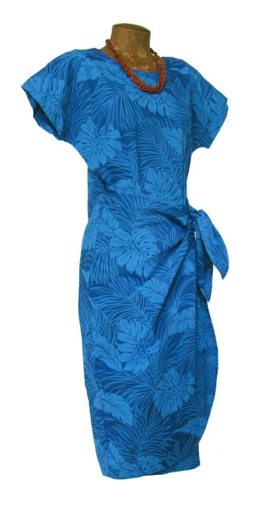 NEW Slimming Blue Monstera Leaf Wrap Dress w/ Cap Sleeves, Poly-Cotton Blend