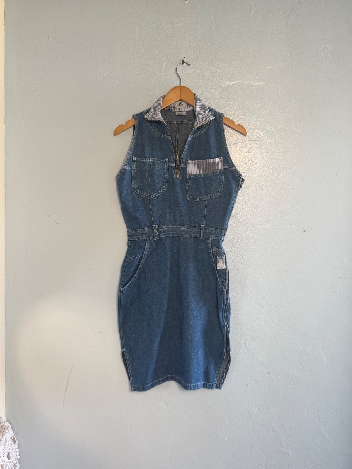 1990s Desperado Denim Sleeveless Denim Dress with Striped Pocket Detail