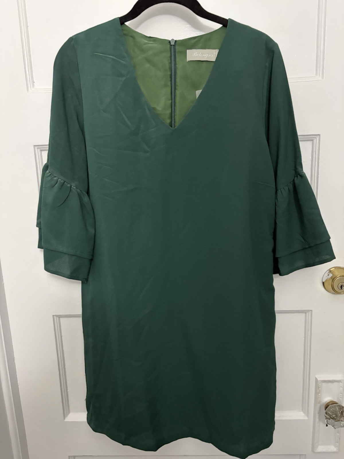 BELONGSCI Women’s Dress Green V-Neck Bell Sleeve, Black, Size M NWT