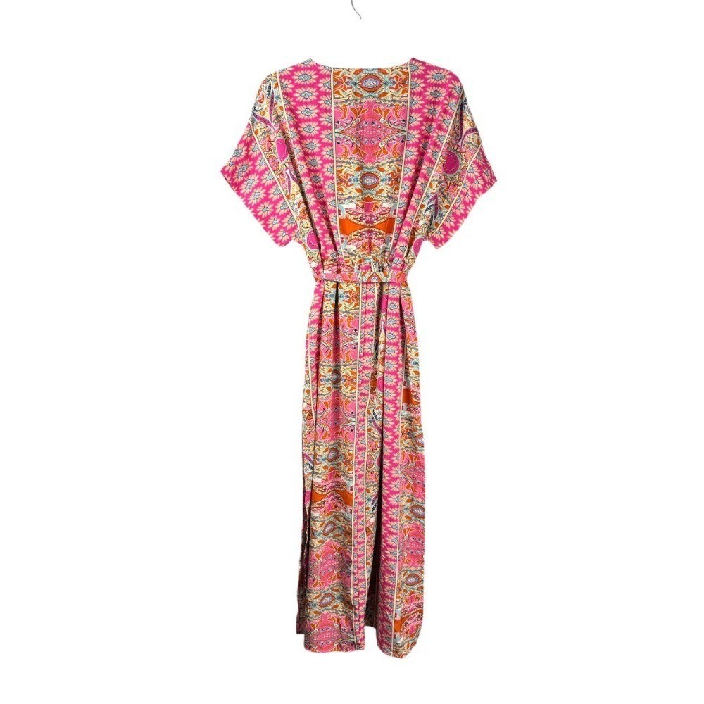 Cupshe Tiered Maxi Dress Large Pink V-Neck Elastic Waist Side Slits NWT Boho