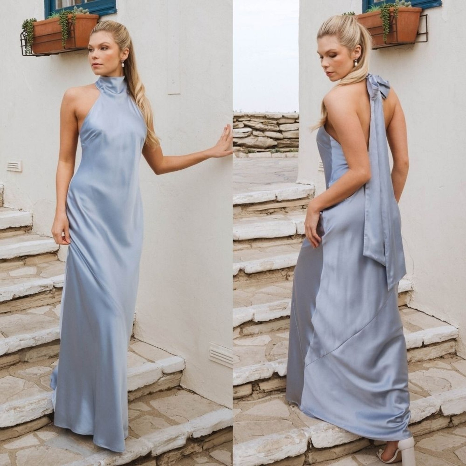 Show Me Your MuMu Lisa Maxi Steel Blue Luxe Satin Dress Wedding Party Prom