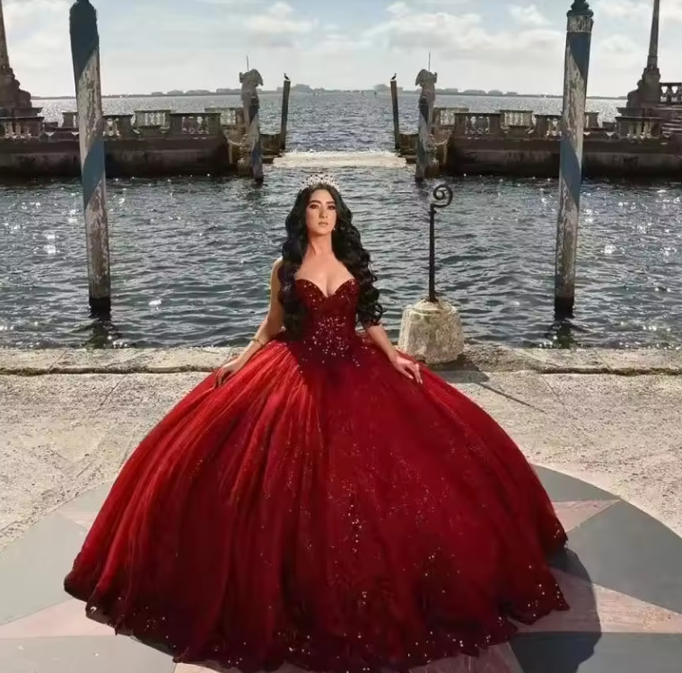 Glittering Burgundy Ball Gown Quinceanera Dresses Vestidos De 15 Anos Cinderella