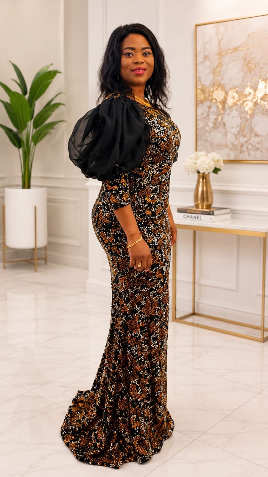 Women’s Turkish Sequin Mermaid Maxi Dress Puff Sleeve Formal Evening Gown