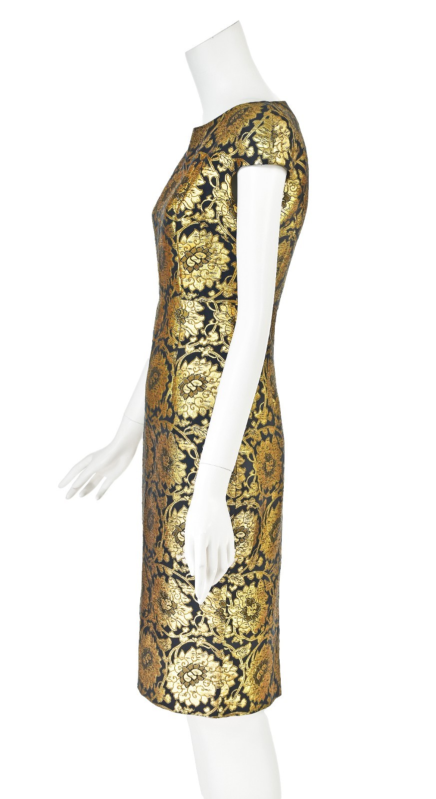 CHRISTIAN DIOR John Galliano Black & Gold Lamè Floral Sheath Cocktail Dress SZ 4