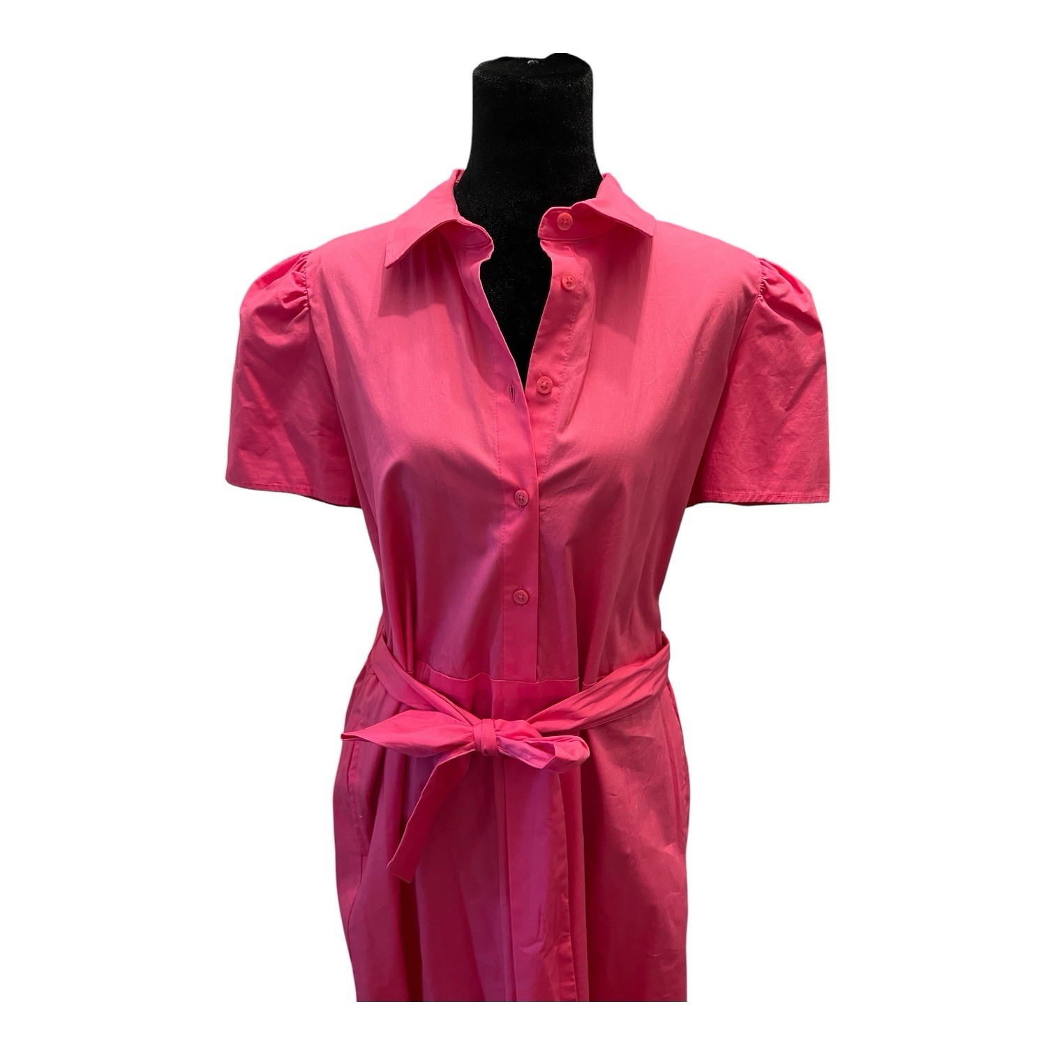Pink Solid Shirt Dress Midi Collared Short Puff Sleeve Button Belted Tie L