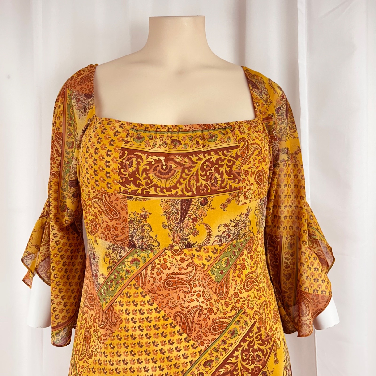 Vintage Y2K Ashley Stewart Patchwork Paisley/Sari Print Dress Gold-Yellow 16