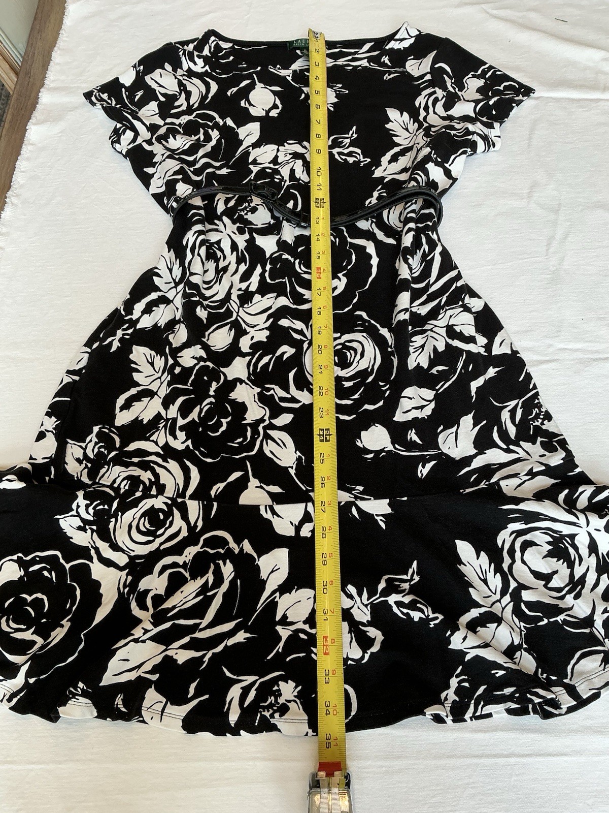 Lauren Ralph Lauren Sheath Dress XL Black White Floral Knit Belted Stretch