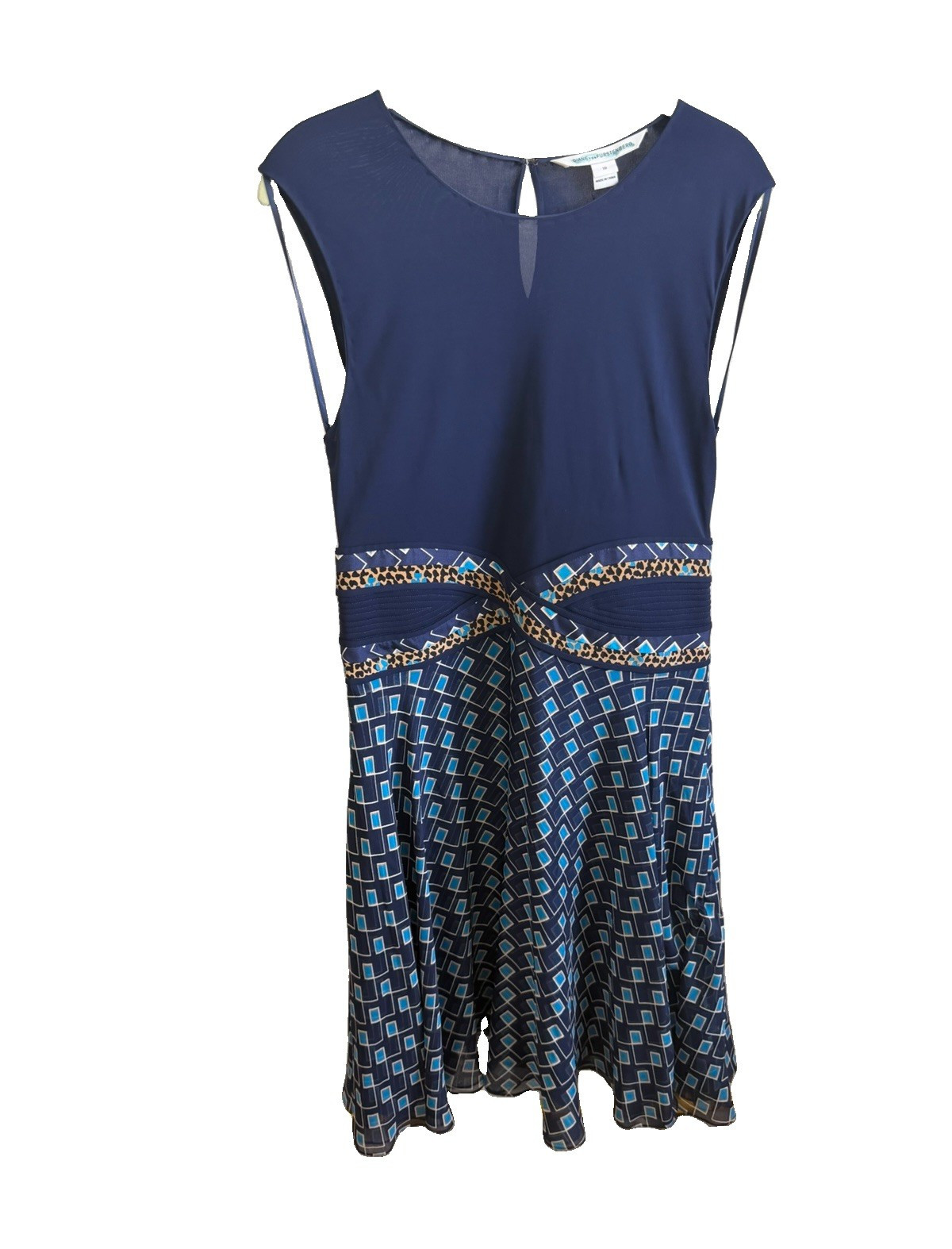 Diane von Furstenberg A-Line Geometric Blue Sleeveless Round Neck Dress 10