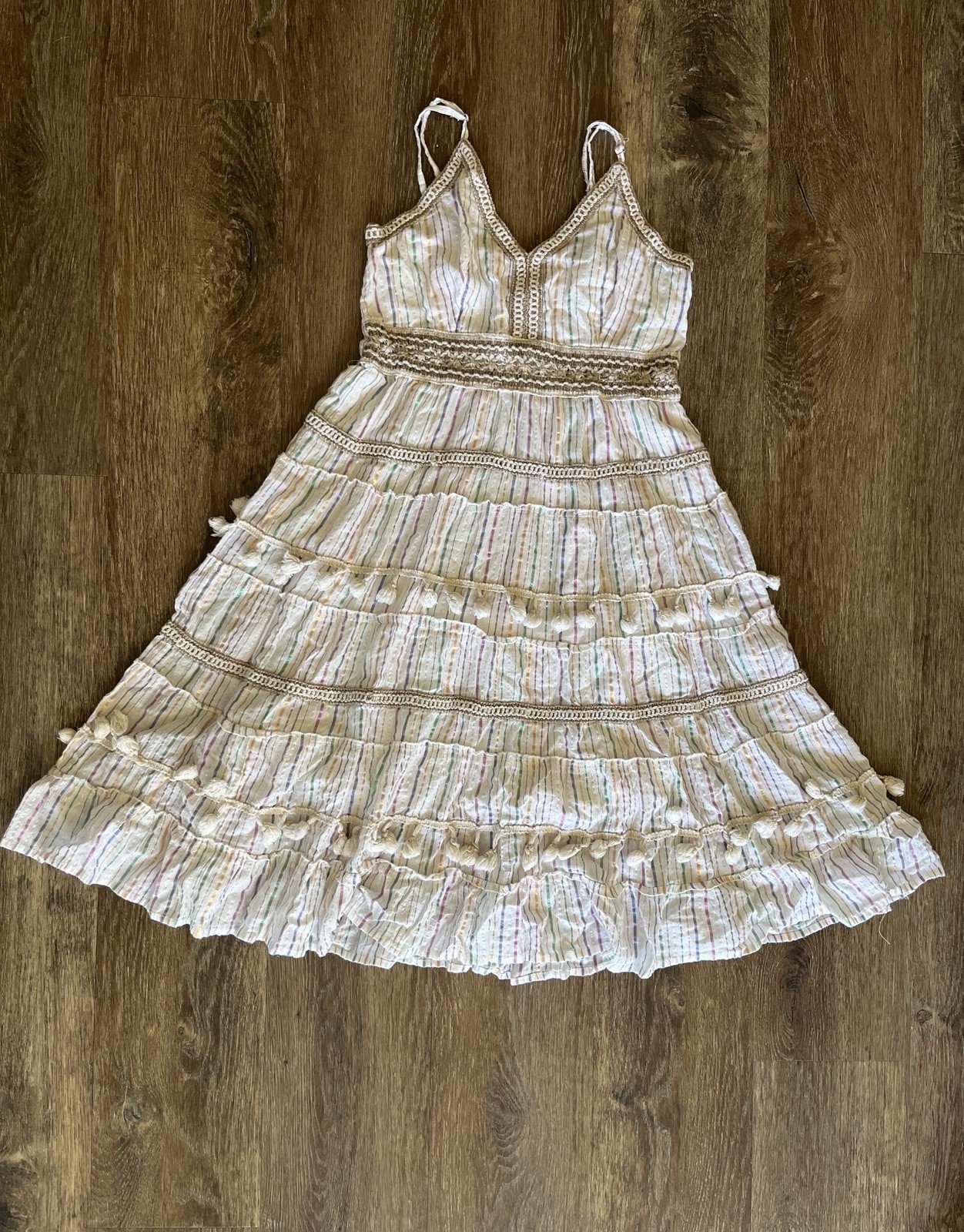 Boho Tiered Maxi Sundress Pastel Rainbow Stripe Crochet Tassels Women’s Size S/M