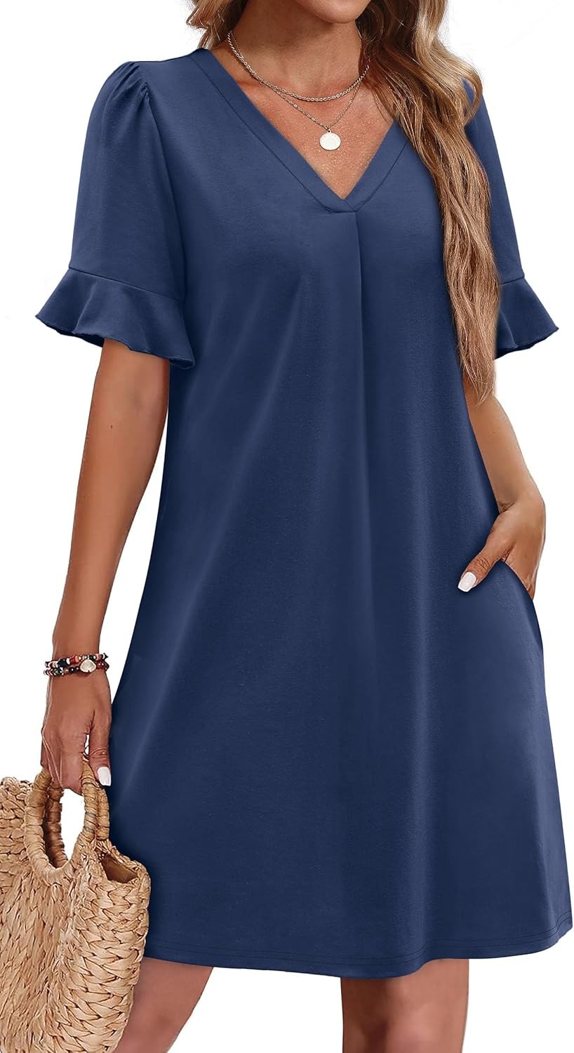 Casual Summer Shift Dress with Pockets for Women V Neck Ruffle Short Sleeve