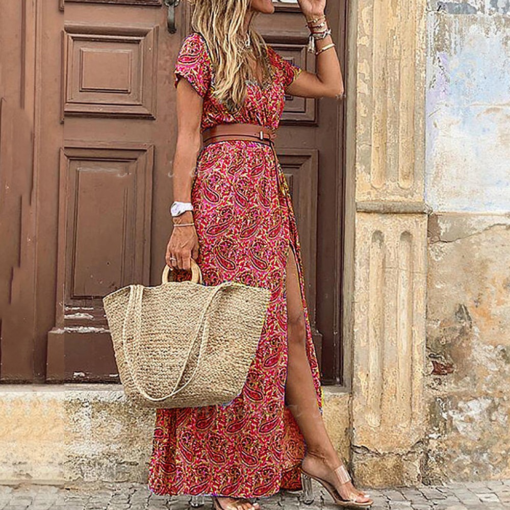 Womens Boho Floral V-Neck Maxi Dress Ladies Summer Beach Casual Holiday Sundress