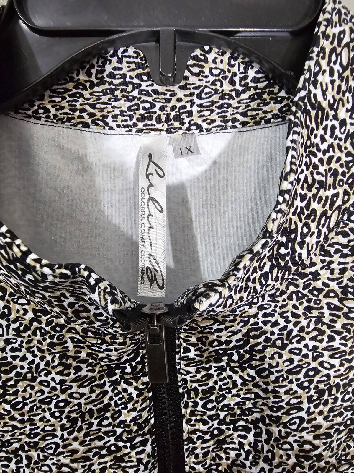 Lulu B 1/4 Zip Dress Size 1X Black Beige Leopard Print 3/4 Sleeves Stretch