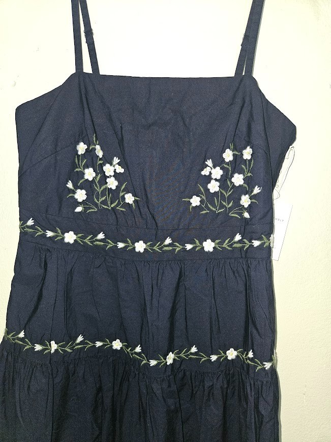 Free Assembly Cotton Midi Dress Navy Blue Floral Embroidered Size XL