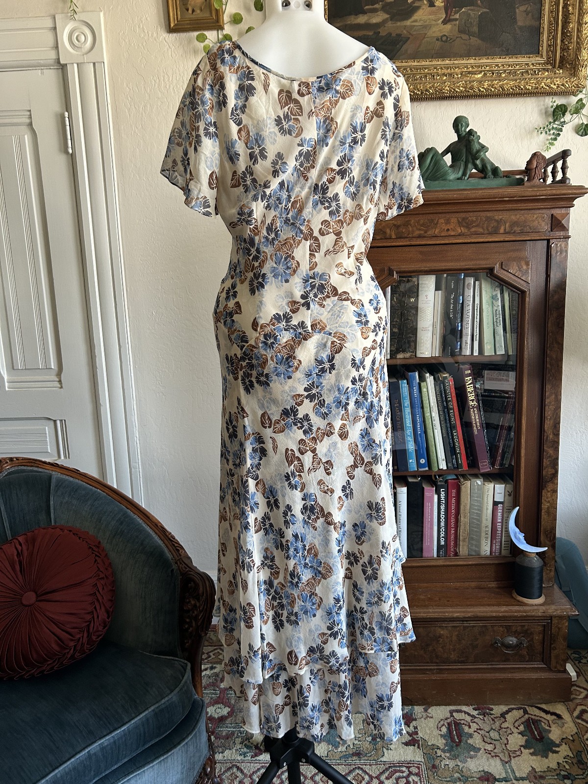 90s Y2K 100% Silk Cream Floral Fairy Hankercheif Asymmetrical Dress sz 16W Bias