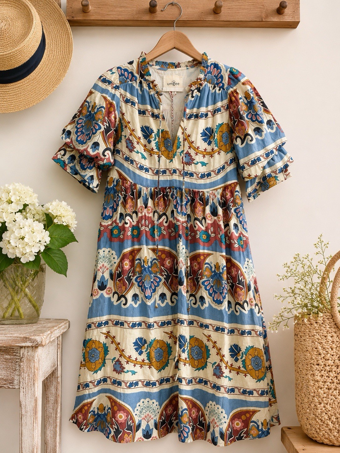 Umgee Blue Beige Floral Boho V-Neck Ruffle Short Sleeve Lined Midi Dress S