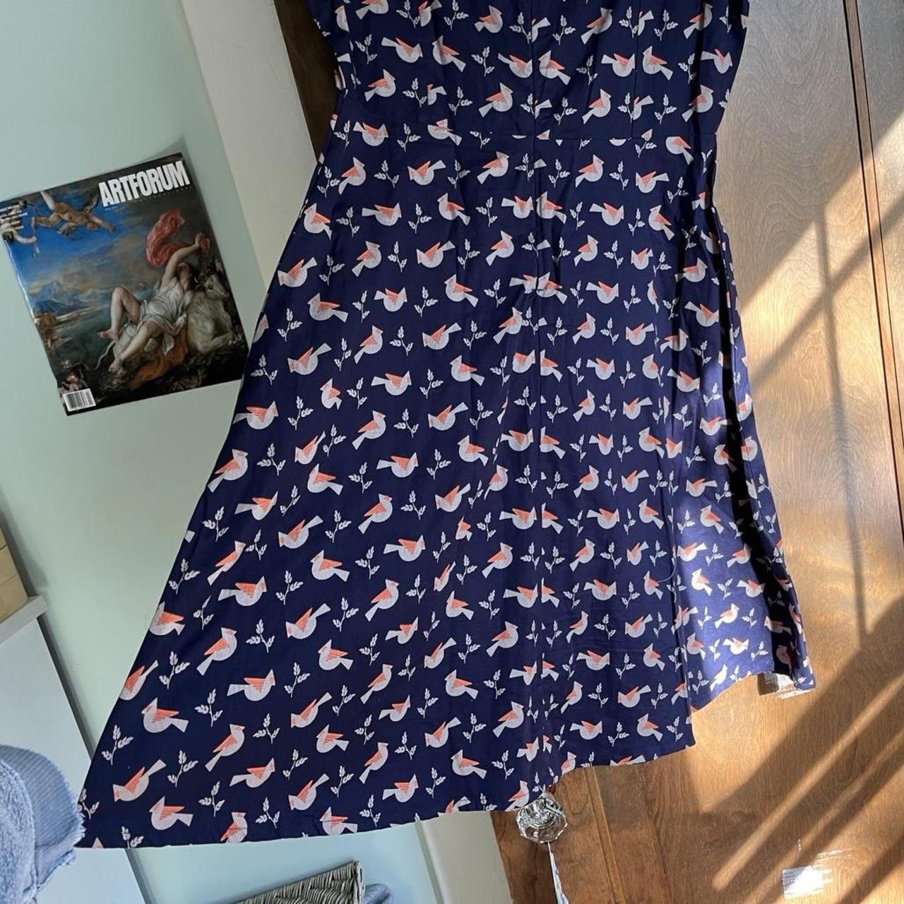 Matta Traders S Navy Bird Print Cotton Fit & Flare Shirt Dress Bow Pockets