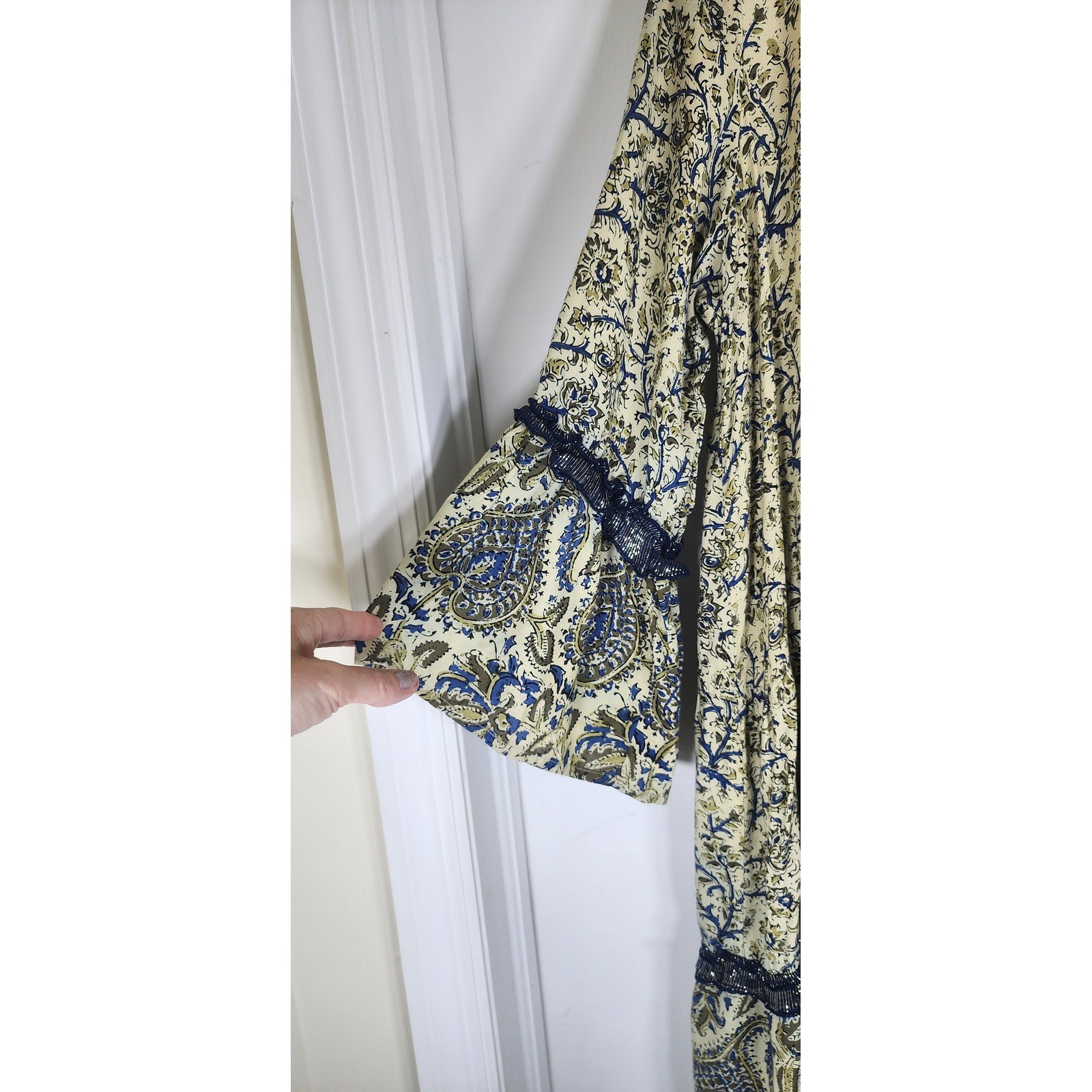 Miss June Paris Boho Paisley Floral Beaded Sequin Bell Sleeve Mini Dress Blue