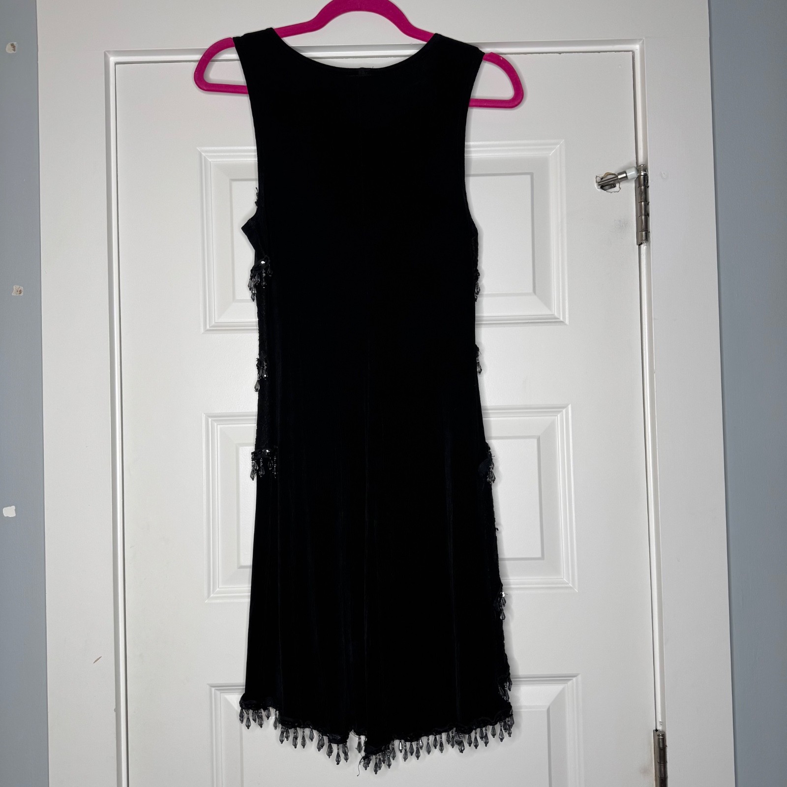 VTG Beaded Fringe Mini Dress Black with Lace Detailing Scoop Neck Sz Small