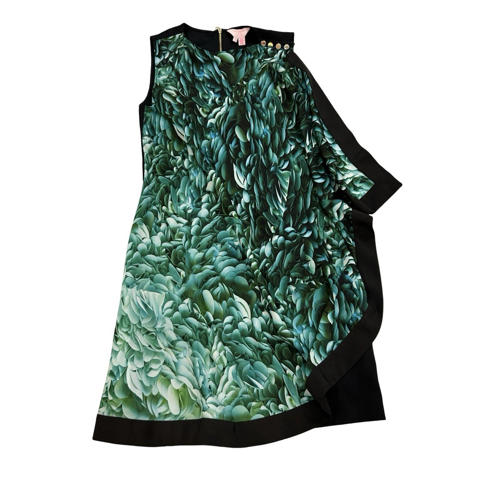 Ted Baker Bodycon Dress Size 1 US 4 Green Leaves Print & Black Patra Rosette