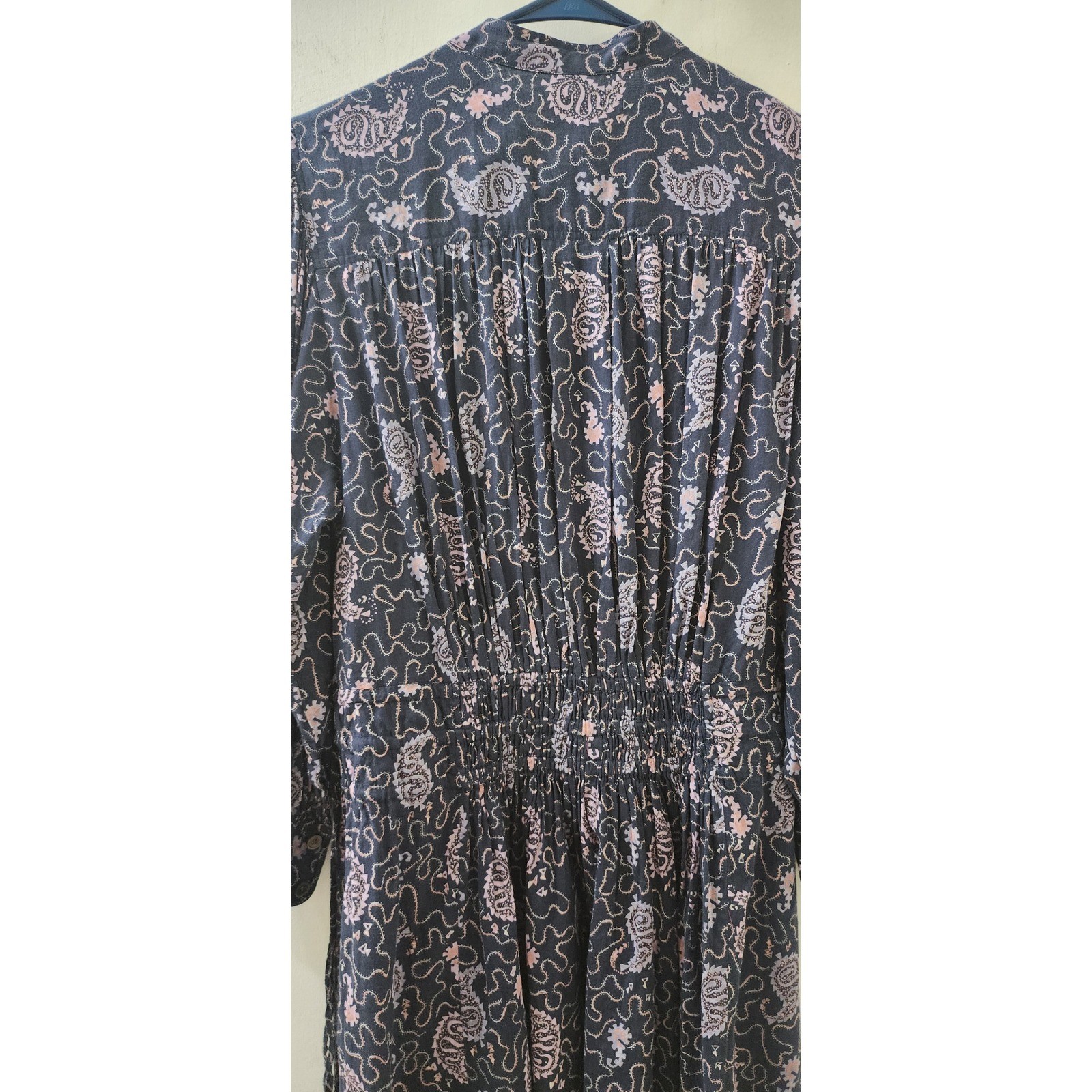 Isabel Marant Etoile Anaco Paisley Cotton Smocked Mini Dress Navy Pink Size 34