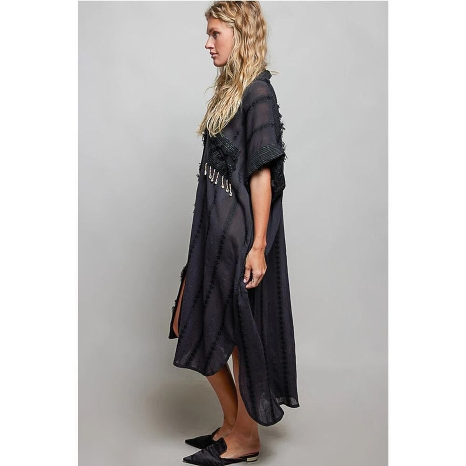 POL Dangle Trim Textured Cotton Oversized Long Shirt Dress – Cream