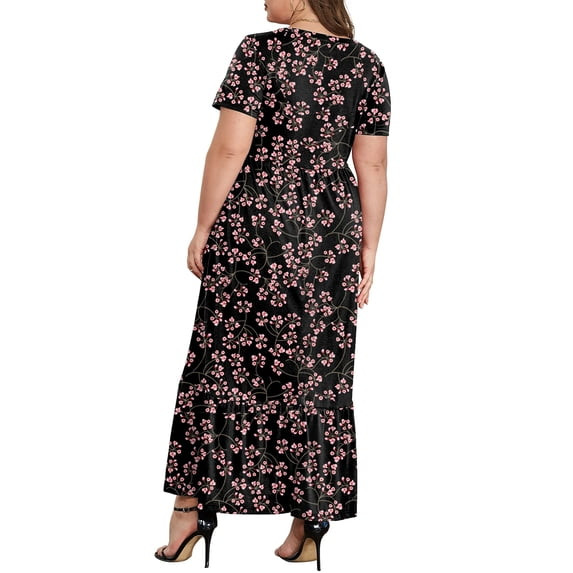 Women’s Casual Short Sleeve Crewneck Dress Flowy Tiered Loose Maxi Dress -NWT-3X