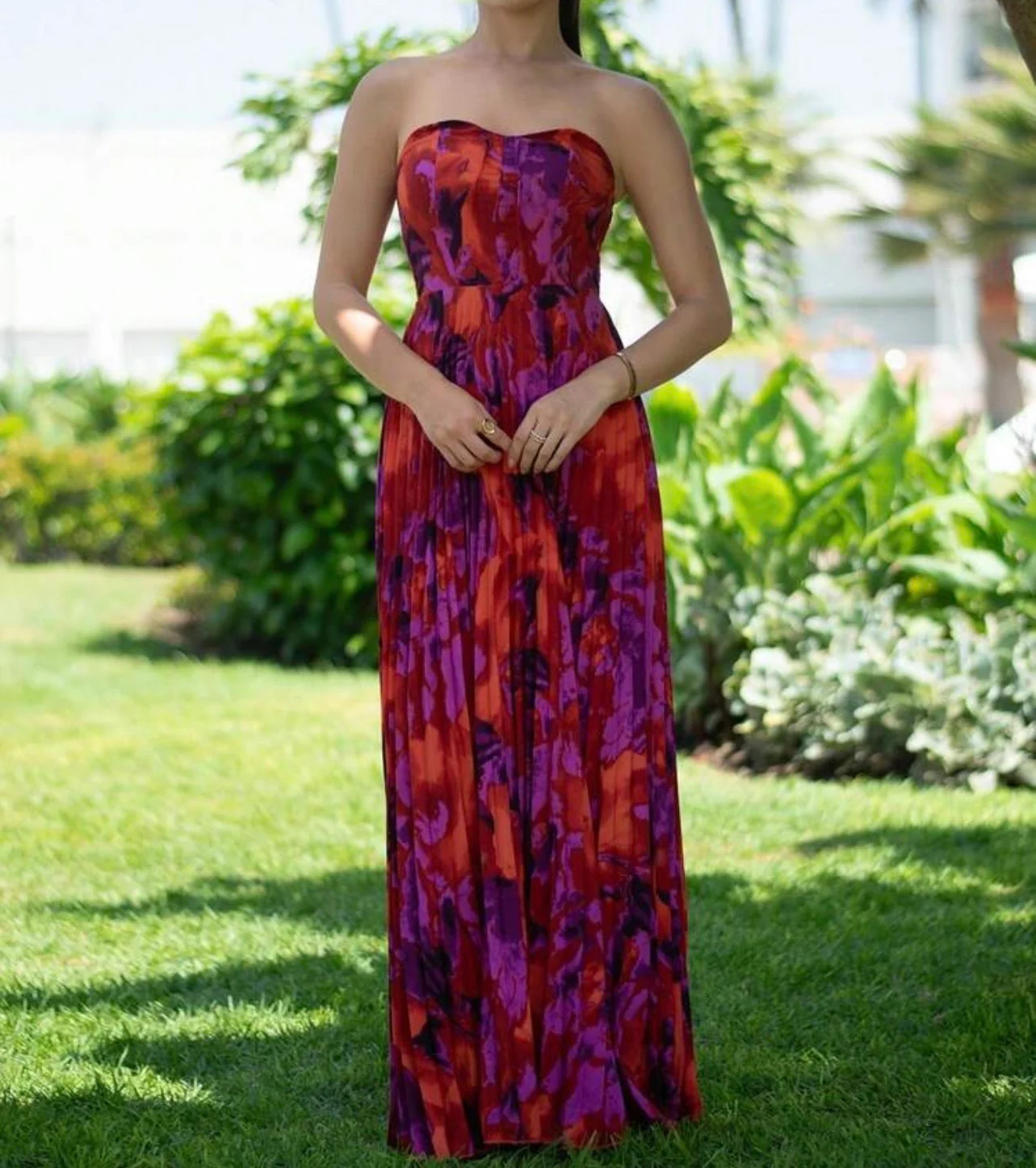 New Elegant Purple Waist-Cinched Pleated Full Print Dress