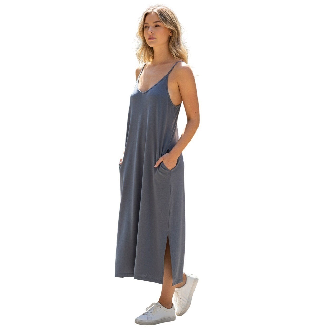 Jolie Gray Slip Midi Dress V Neck Spaghetti Strap Pockets Effortless S