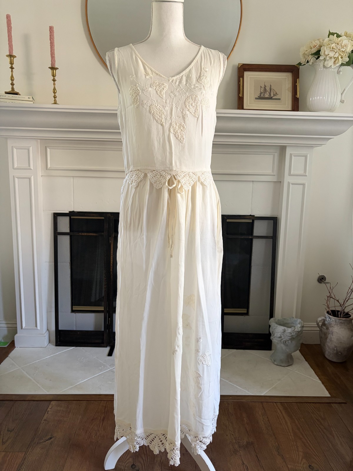 VTG Y2K 90’s Skirt, Camisole Blouse White Papillon Fairy Lace Sz L Embroidered