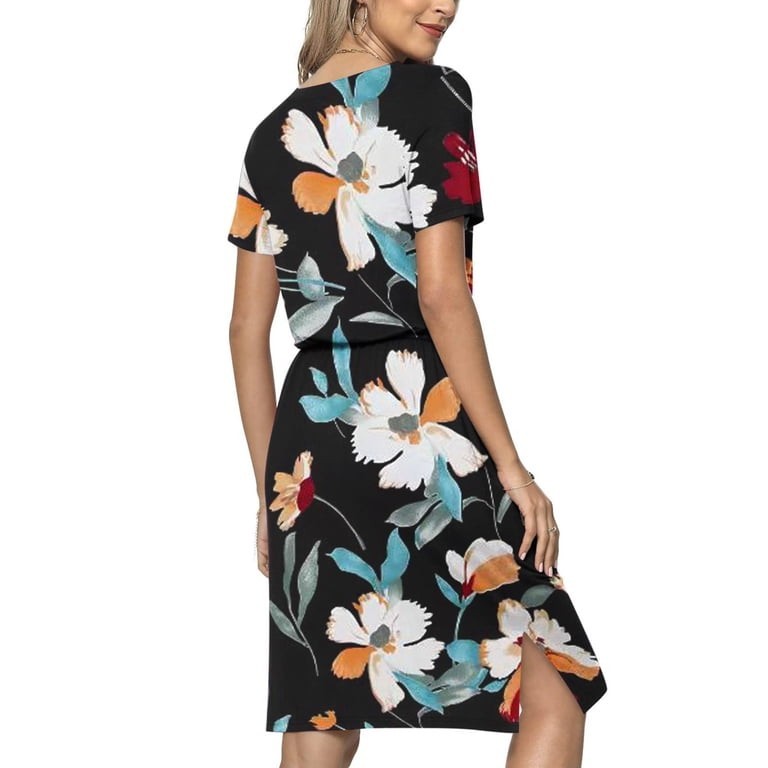 Black Floral T-Shirt Dress Short Sleeve Round Neck Drawstring Waist Pockets S