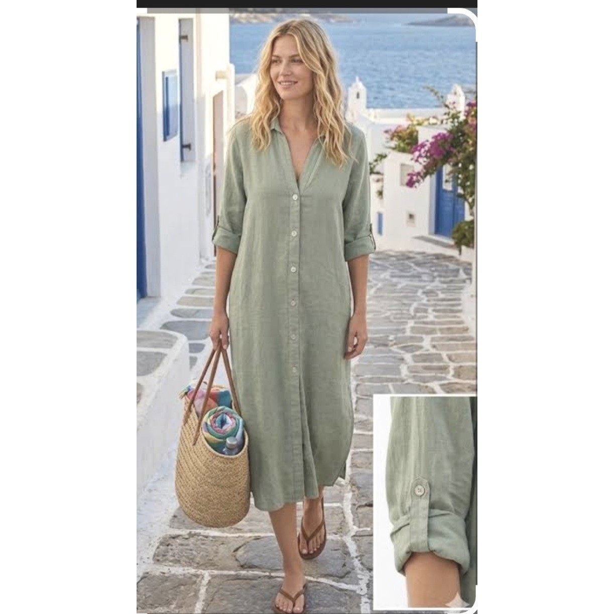 Zara Womens Sage Green 100% Linen Button Down Roll-tab Sleeve Maxi Shirt Dress S