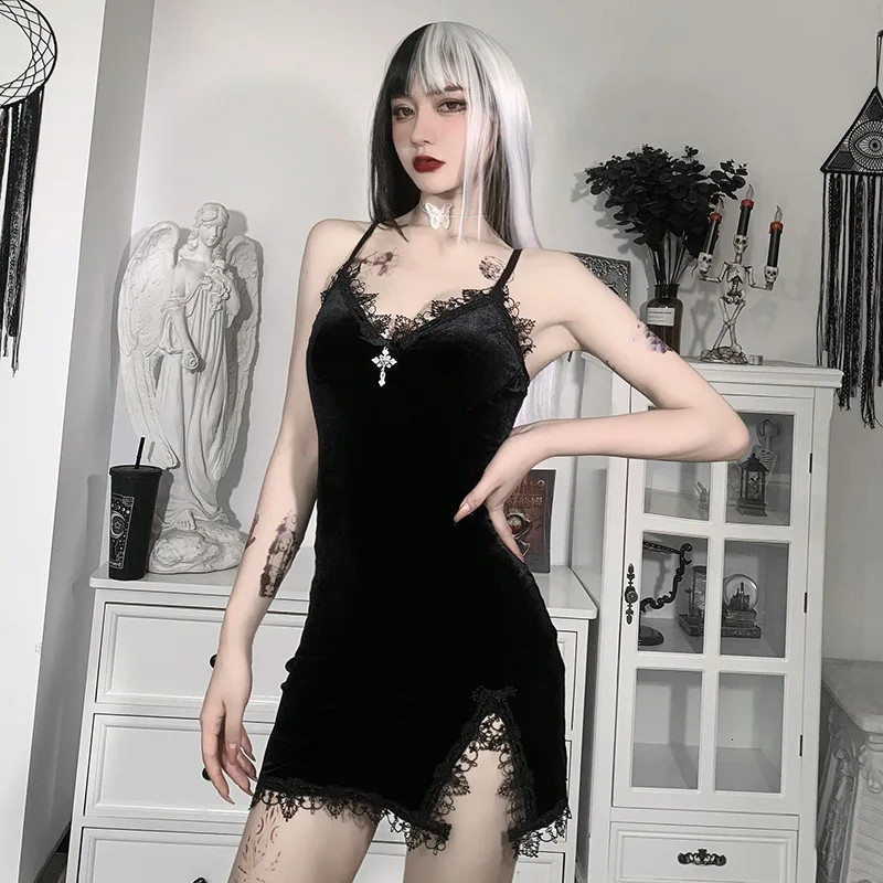 Dark Cross Black Mini Dress Vintage Sexy Spaghetti Strap High Waist Slit Dresses