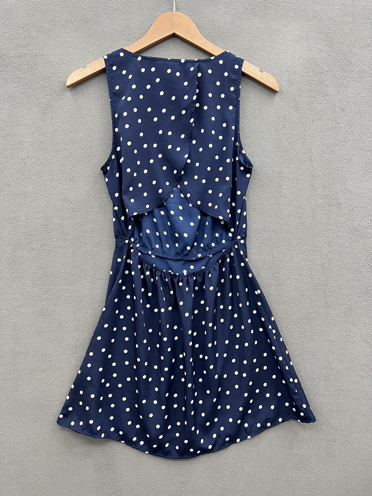 Mimi Chica Women’s Small Unlined Navy Blue White Polka Dot Mini Dress Open Back