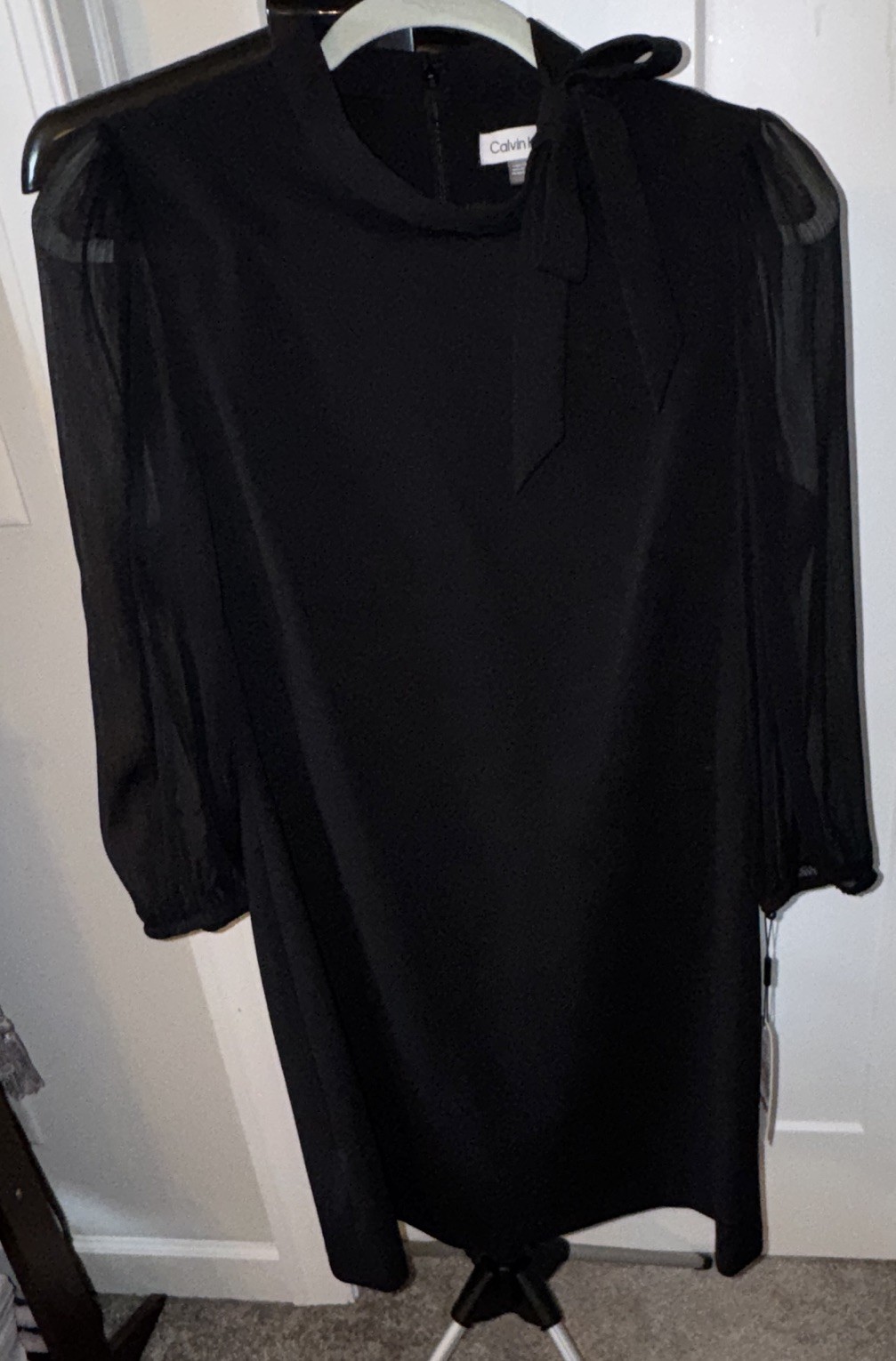 Calvin Klein Black Solid Shift Dress 12 Round Neck Sheer 3/4 Sleeve Chiffon