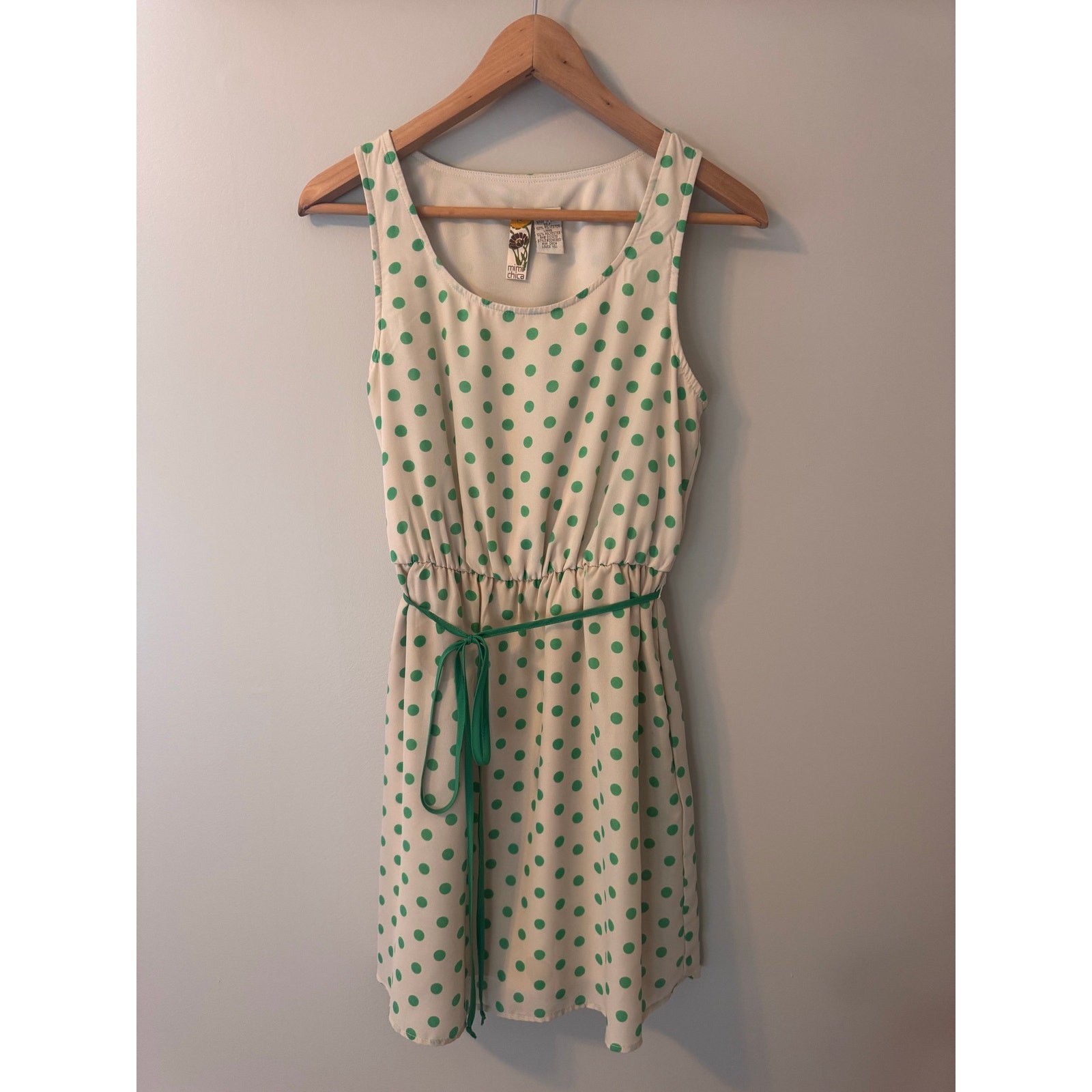 Mimi Chica Polka Dot Sleeveless Dress Small White Green Tie Waist Fit Flare