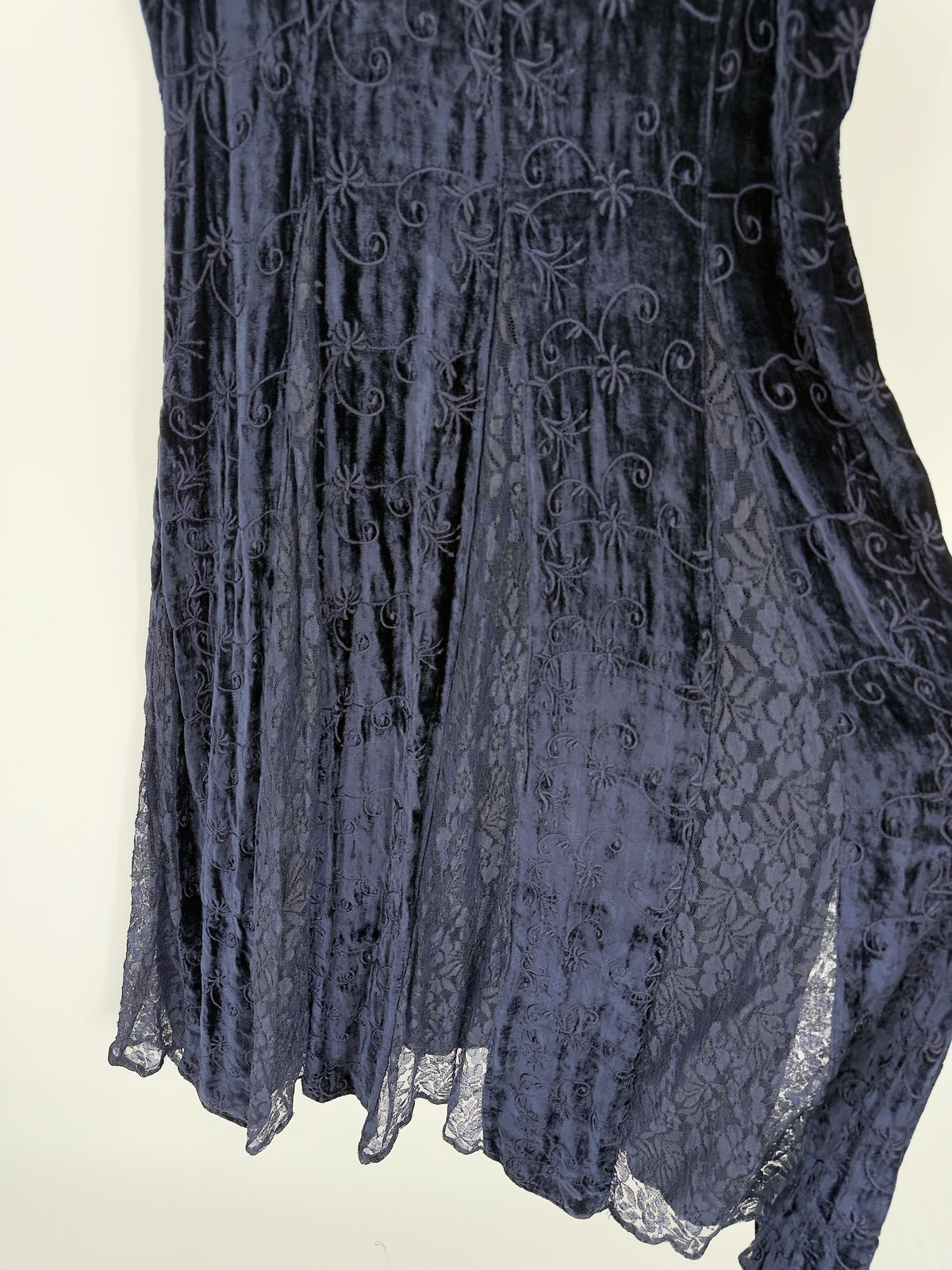 Lola P. Dress Womens Large Navy Velvet Floral Lace Maxi Sleeveless Whimsy Goth