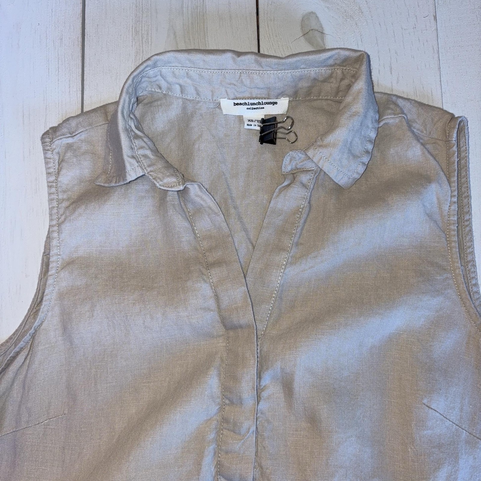 Beach Lunch Lounge Dress Womens XS Beige Linen Collared Sleeveless Shift Summer