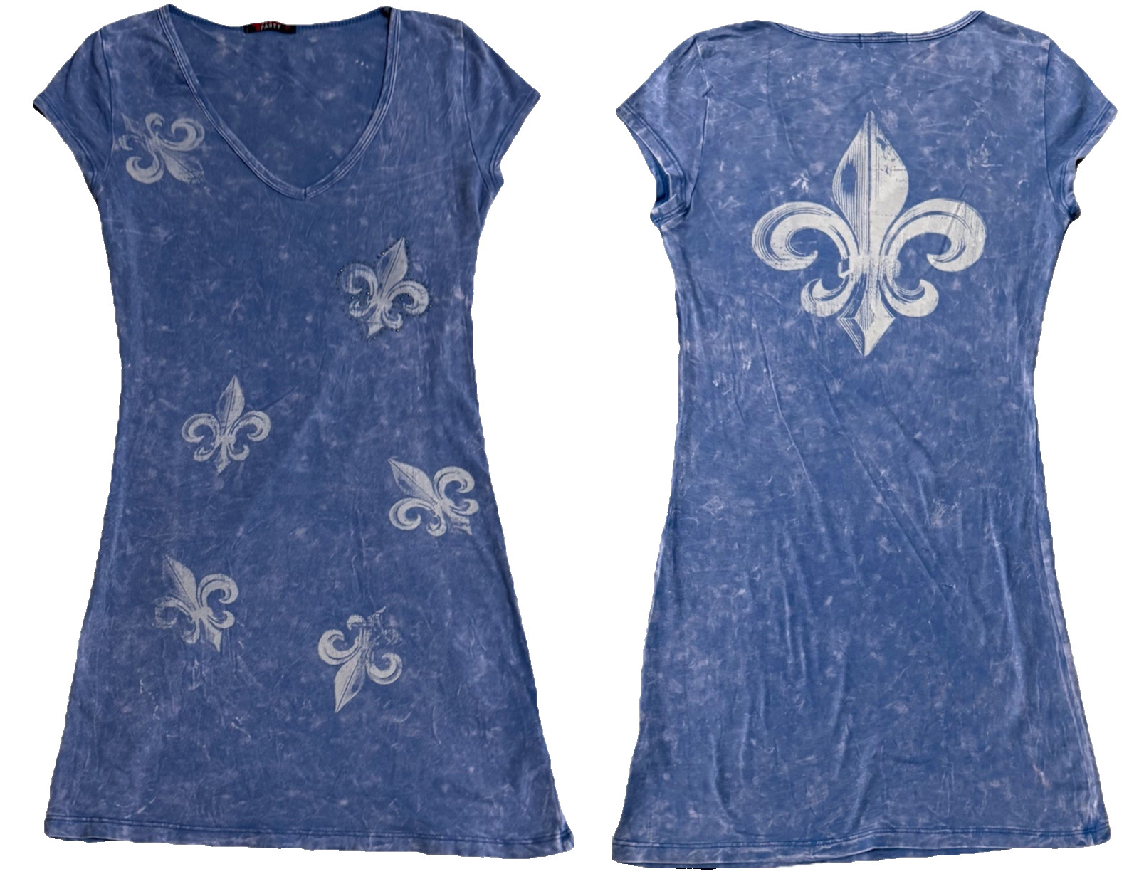 T Party Fleur De Lis Mini Dress Acid Wash Blue Grunge Gothic Rocker Tattoo Y2K S