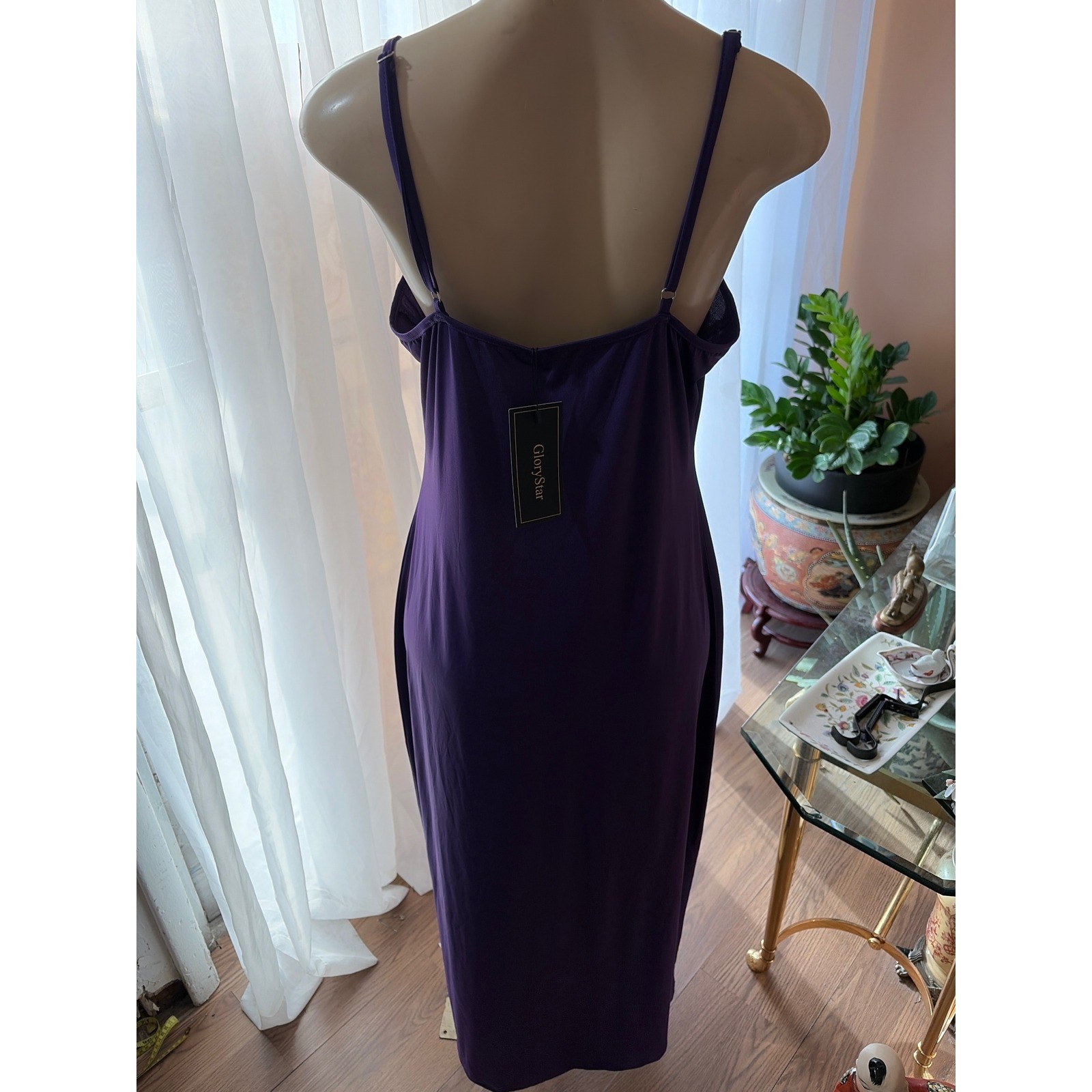Purple Spaghetti Strap Midi Dress Scoop Neck Stretch Bodycon Sleeveless Purple