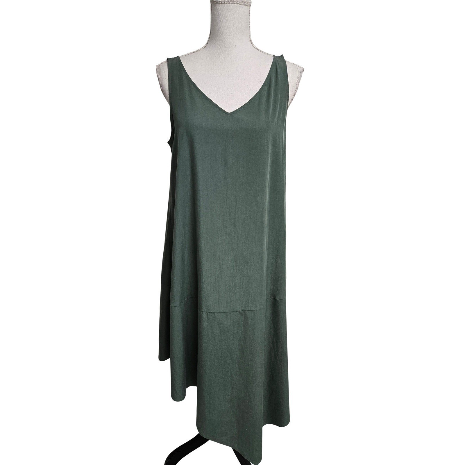 Eileen Fisher V-Neck Midi Dress Green Tencel Lyocell Asymmetrical Hem Women’s S