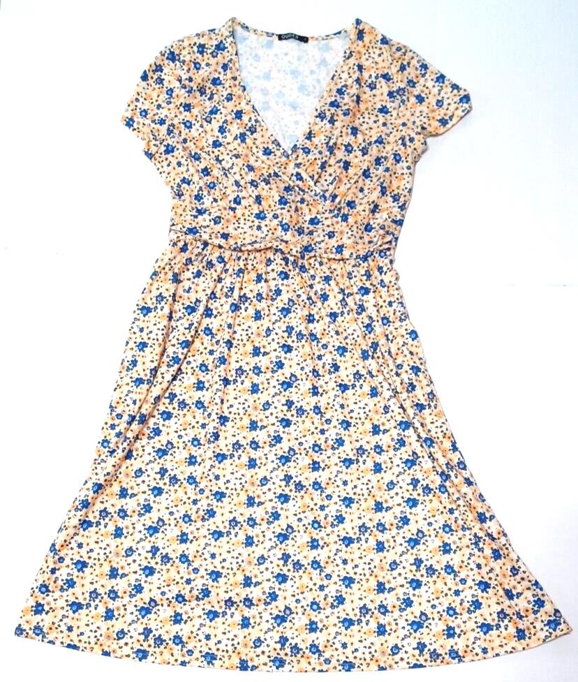 Floral Yellow Blue OUGES Women’s Dress Sz L Cap Sleeve V Neck Stretch Wrap