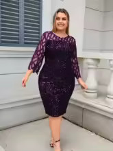 Party Dress Plus Size Ladies Midi Sequin Mesh Long Sleeve Lace Elegant Bodycon L